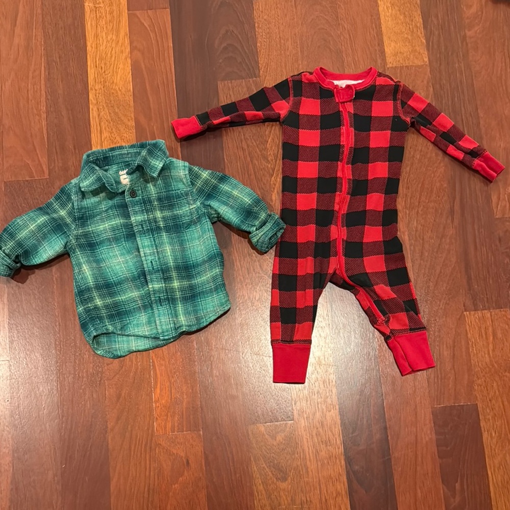 Red and Black Plaid Onesie and Green Plaid Shirt Set